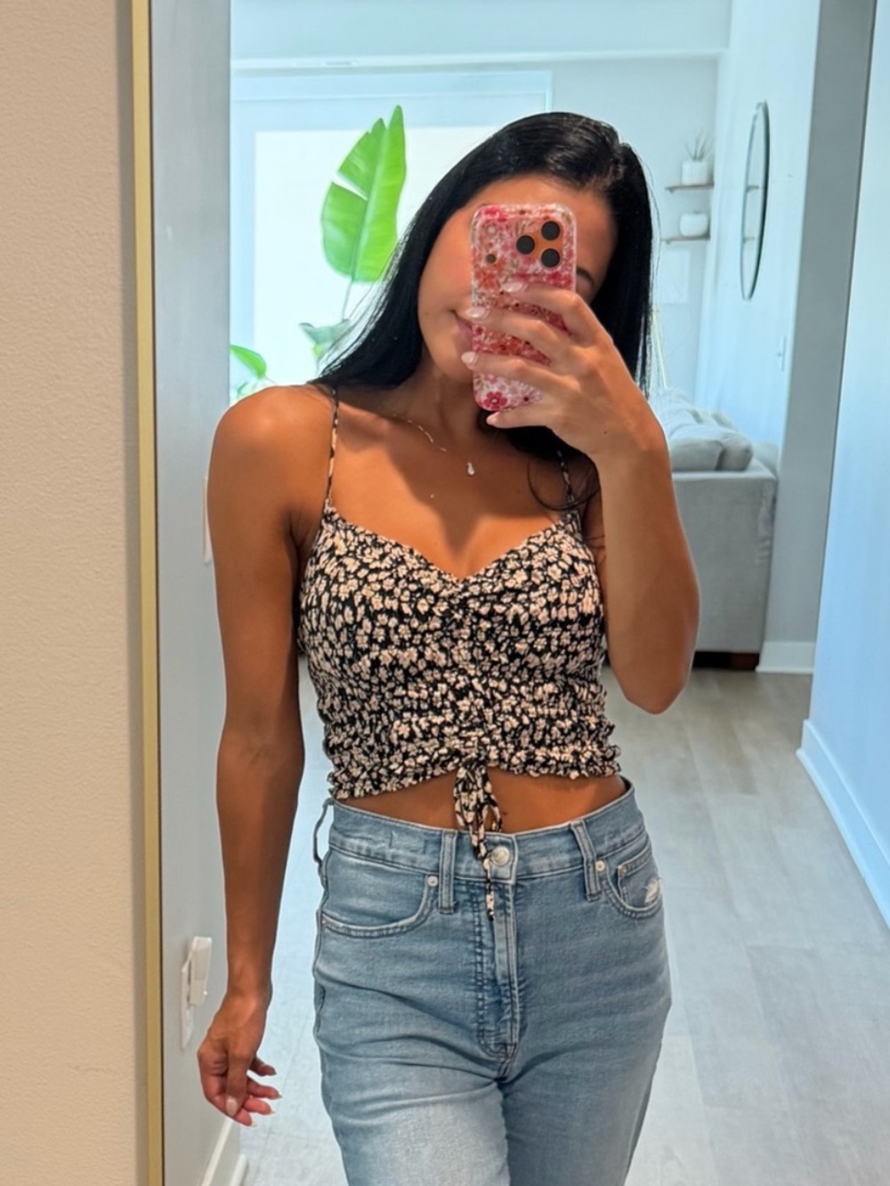 Urban Outfitters Black Floral Smocked Cami with Cream Accents